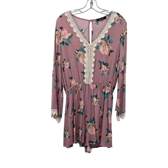 Nimi K Floral Romper Long Sleeve Crochet Trim Keyhole Womens Size Large - Picture 1 of 9